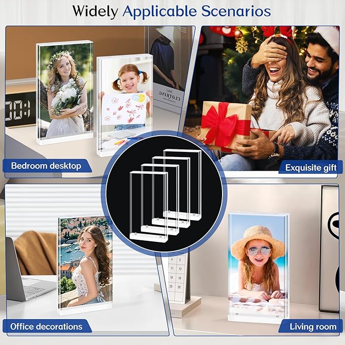 4 Pack 4×6 Magnetic Acrylic Picture Frames - 10+10mm thick Vertical Free Standing Tabletop Display Aesthetic for Bedroom or Office Memory & Gift Perfection