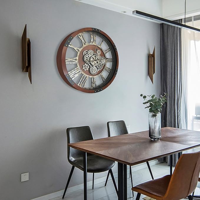Large Wall Clock for Living Room Decor, 27 Inches Oversized Vintage Wood Decorative Steampunk Farmhouse Wall Clock for Rustic, Retro, Industrial,Kitchen,Office,Working Gears