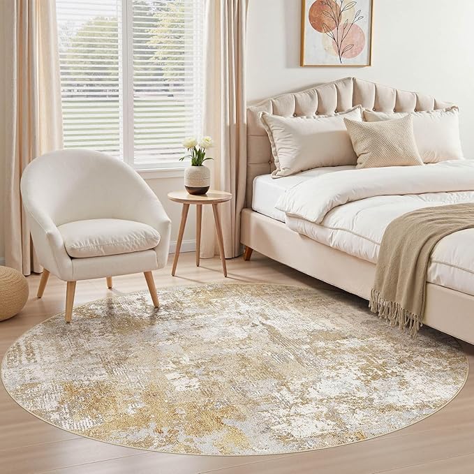 Tortania Washable 10' Round Area Rug for Living Room: Modern Abstract Neutral Large So' Thin Rugs - Non Slip Indoor Carpet for Bedroom Dining Room Office Nursery Home Floor Decoration - Brown Grey