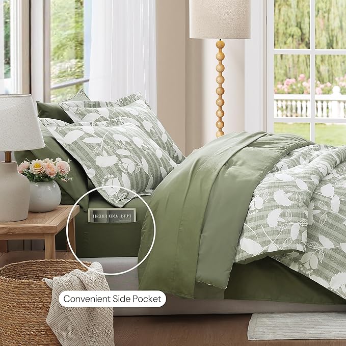 Queen Comforter Set -7 Pieces Sage Green Floral Comforter Set for All Seasons, Bed in a Bag Queen with Botanical Flowers Comforter, Sheets, Pillowcases & Shams