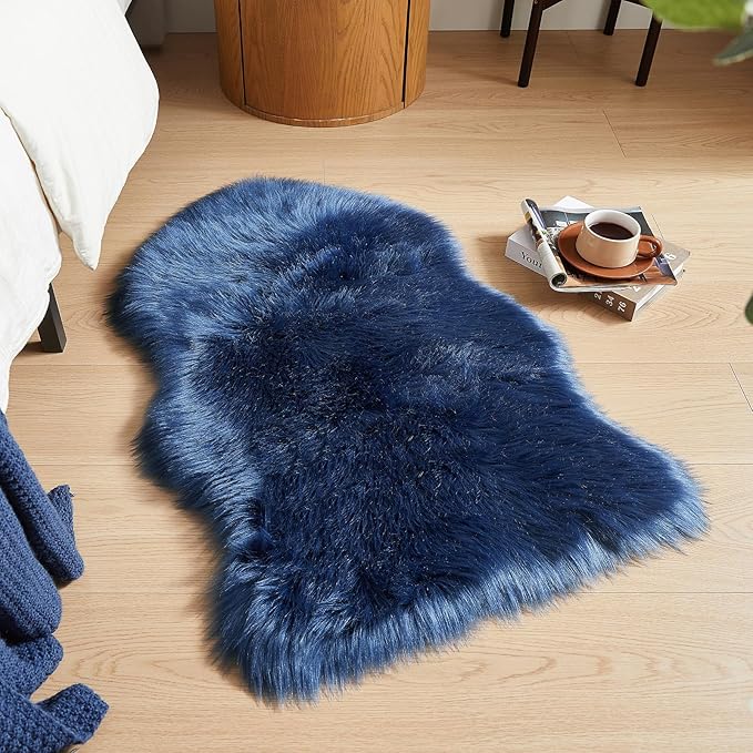 AMTOVO Faux Fur Rug, Dark Blue Small Area Rug, Fluffy Sheepskin Rug, Fuzzy Ultra Soft 2 x 3 ft Shag Rugs for Bedroom Sofa Throw Cushion Room Decor, Sheepskin