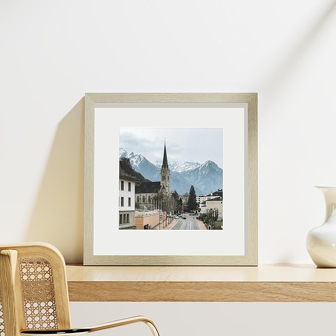 Vittanly 12x12 Picture Frames Set of 9, Shatter Resistant Plexiglass, Display 8x8 Pictures with Mat or 12x12 without Mat, Photo Frames for Wall Mount, Engineered Wood, Cornsilk