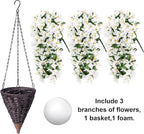 Artificial Bougainvillea Faux Flowers Plants Baskets for Outdoor Outside Summer Decoration, 3 PCS Fake Silk Long Hanging Vines UV Resistant Realistic for Front Door Porch Patio Balcony, White