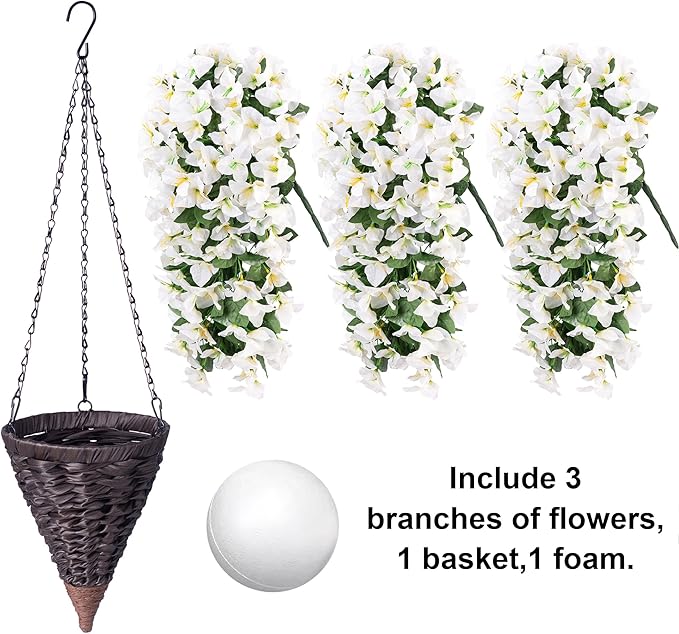 Artificial Bougainvillea Faux Flowers Plants Baskets for Outdoor Outside Summer Decoration, 3 PCS Fake Silk Long Hanging Vines UV Resistant Realistic for Front Door Porch Patio Balcony, White