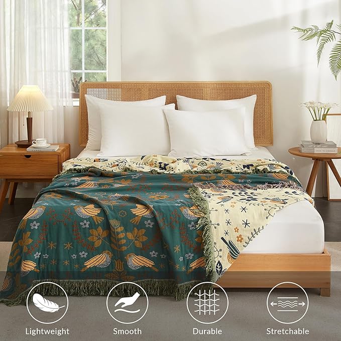Boho Throw Blanket for Couch Sofa Bed, 100% Cotton Woven Quilt with Tassel 60”x80”, Super Soft Muslin Blanket with Bird Printed, Decorative Reversible Bed Blanket/Cover for All Seasons