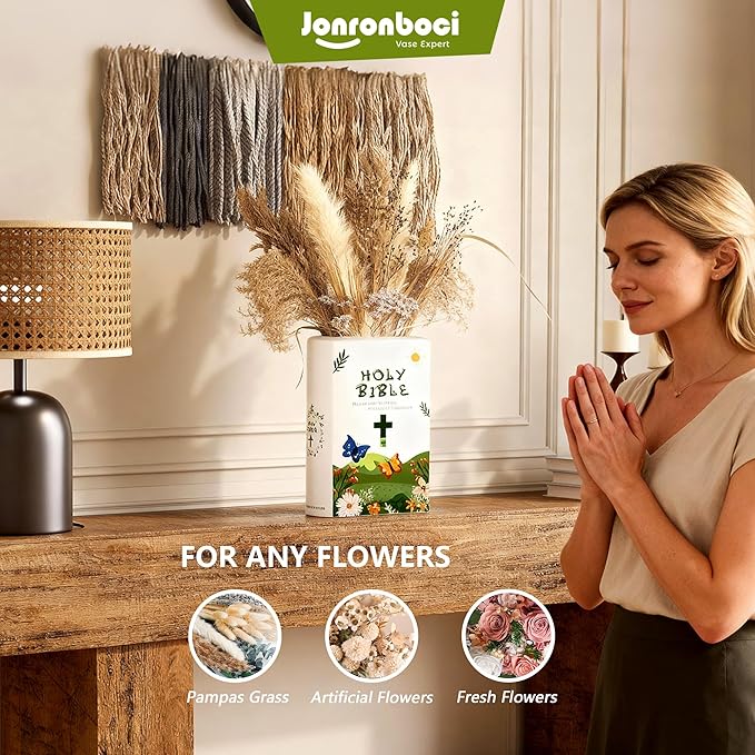 Bible Blessings Spring Flower Vase - Modern Ceramic Book-Shaped Vase for Flowers - Christian Desk Decor for Prayer Room, Dining Table, Coffee Table, Entryway Console, Religious Gifts(Green Spring, XL)