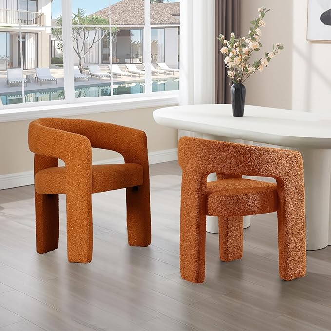 Orange Sherpa Dining Chairs Set of 6, Modern Barrel Dining Room Chairs Upholstered Faux Fur Accent Chair with Arms and Round Back for Living Room Kitchen Armchair No Assembly Needed