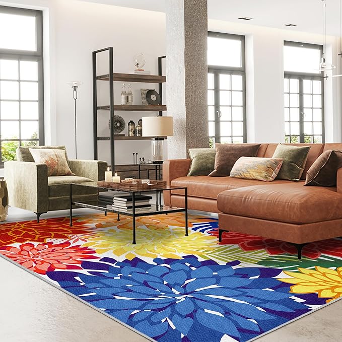Indoor Outdoor Area Rug Washable Rugs Multicolored Patio Rug Tropical Botanical Modern Floral Indoor Outdoor Carpet Non Slip for RV, Pool Deck, Backyard, Porch (4x6)