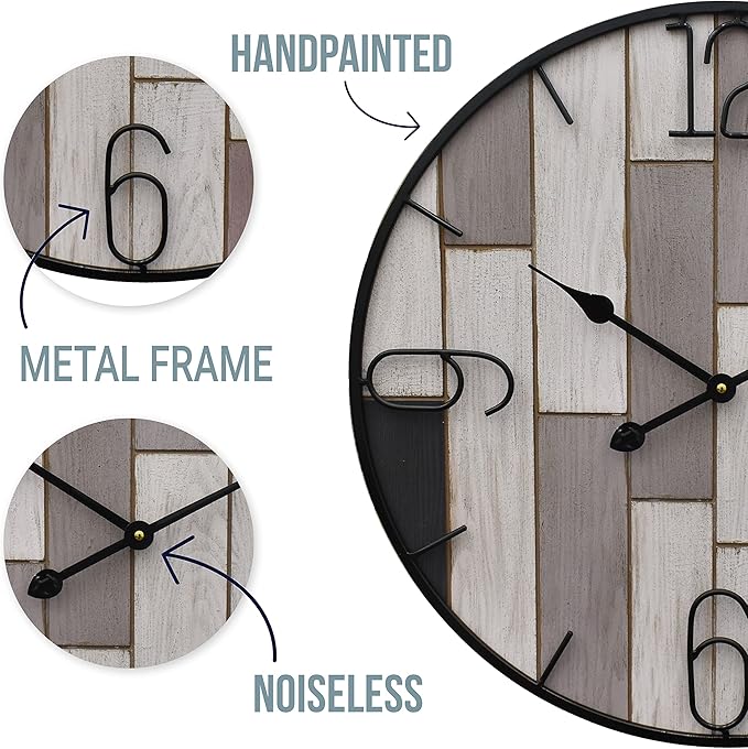 24" Metal Frame Number Multi-Color Mosiac Brown Wooden Wall Clock (Muti-Brown, 24 inch)