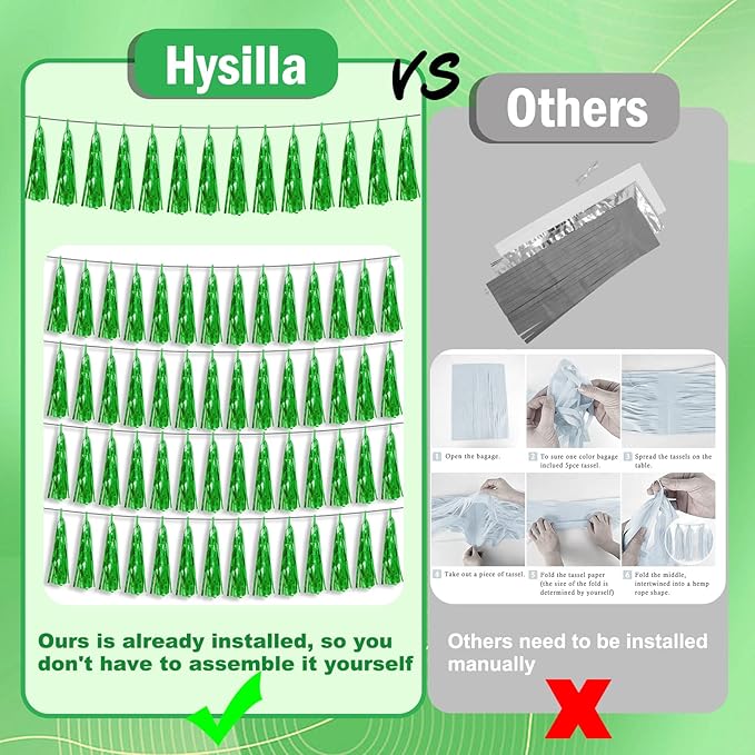 3P Green Foil Fringe Metallic Tassel Streamers Banner Tassel Garland for Parade Floats, Bachelorette, Wedding, Birthday, Halloween, Christmas, Bridal/Baby Shower Party Decorations