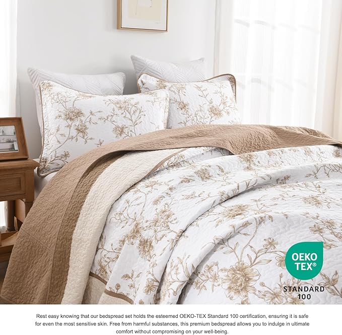 DDUOXIN Oversized Queen Bedspread - 102" W x120 L Extra Wide - 100% Cotton California Quilt with 2 Pillow Shams, Botanical Reversible Coverlet Bedding Set, Brown/Beige/Sugar Swizzle