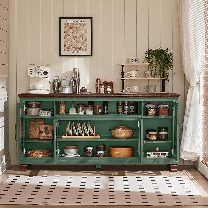 Large Sideboard Buffet Cabinet with Storage, Vintage Green Farmhouse 60" Wide Credenza Accent Cabinets with Glass Doors & Wood Legs, Kitchen Coffee Bar Table for Dining Room, Living Room