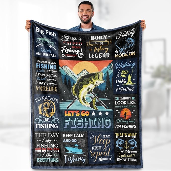 Fishing Blanket Gifts for Fisherman Men Boys - Fish Lovers Throw for Dad Women Adults Bedroom Living Room Decor Soft Fleece Cozy Bed Couch Birthday Christmas Lightweight Blanket 50"x60"