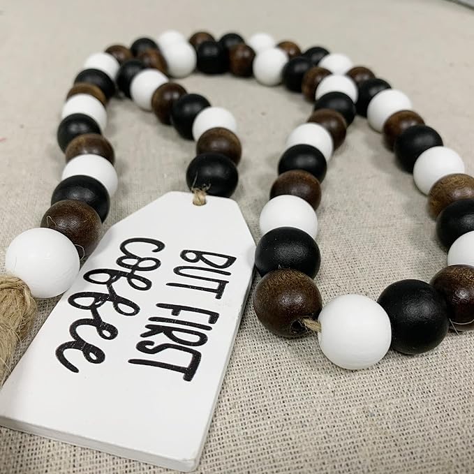 40" Handmade Farmhouse Bead Garland Wood with Tassel, Boho Chic Decorative String Beads Home Decor, Table Tiered Tray Country Wooden Accents (Mocha Mornings: But First, Coffee, 0.63" Diameter)