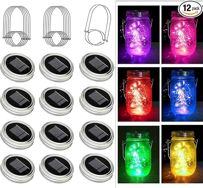 ZNYCYE Mason Jar Solar Lights for Outside, 12 Pack 30LED Fairy Firefly Lights Mason Jar Solar Lids Outdoor Waterproof String Lights with Hangers(NO Jars) for Patio Garden Yard Lawn Decor(6 Colors)