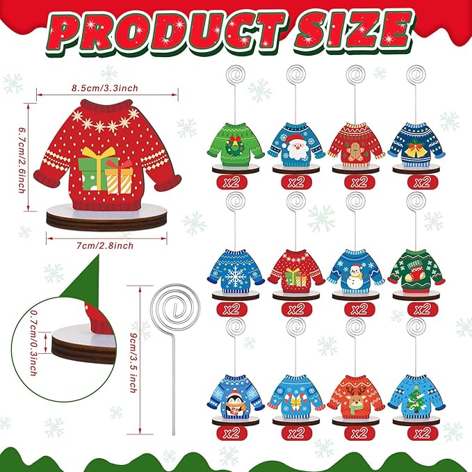 24 Pcs Ugly Sweater Christmas Table Place Card Holders Stand Display, Wooden Christmas Table Card Holders with Swirl Wire Memo Name Number Photo Sign Clip Holder for Christmas Party Table Decorations
