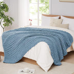 L'AGRATY Chunky Knit Blanket Throw: 72''x84'' Chenille Chunky Knitted Throw Blankets for Bed Couch - Handmade Thick Big Cable Knit Blanket - Large Crochet Rope Blankets for Home Decor(Airy Blue)