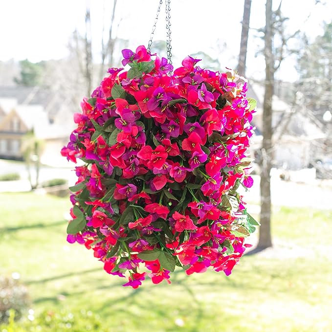 Artificial Bougainvillea Faux Flowers Plants Baskets for Outdoor Outside Decoration, 3PCS Fake Silk Flowers Long Trailing Vines UV Resistant Realistic for Front Door Porch Patio Balcony, PurpleHotpink