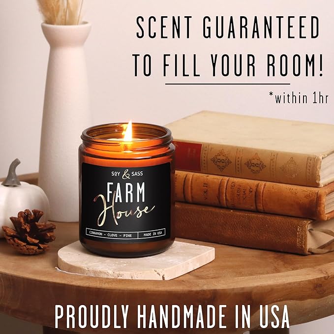 Fall Candles - 'Farmhouse' Autumn Scented Soy Candles for Home, w/Cinnamon, Clove & Pine I Infused with Essential Oils I Farmhouse Décor, 9oz Reusable Jar, 50Hr Burn, Made in USA