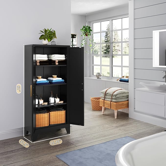 61" Tall Farmhouse Metal Pantry Cabinet, Kitchen Pantry Storage Cabinets with 2 Barn Door and Adjustable Shelves,Metal Pantry Storage Cabinet,for Kitchen,Laundry Room,Home Office,Kids Room (Black)