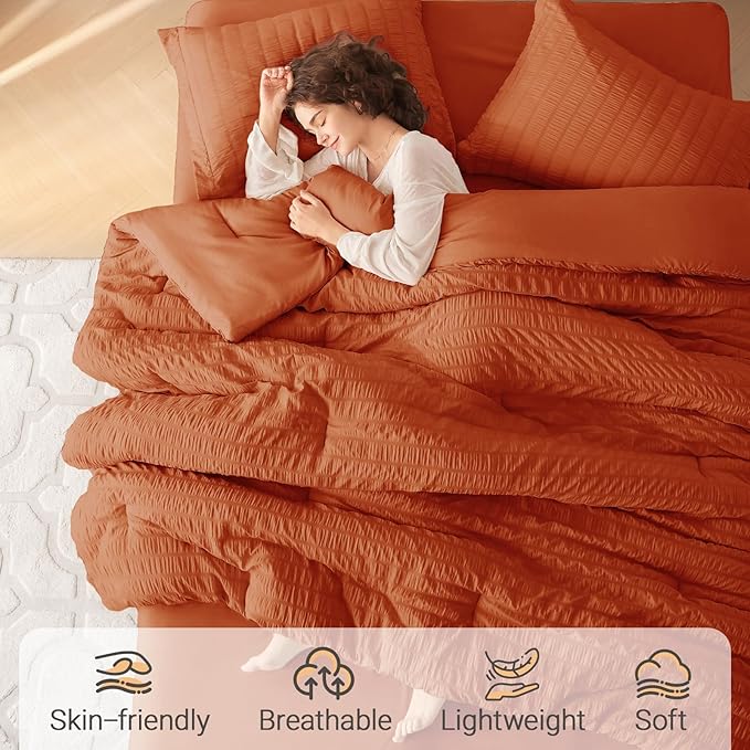 MUXHOMO 5 Pieces Twin Comforter Set, Seersucker Bed in a Bag Twin Size, All Season Luxury Bedding Set with Comforter, Flat Sheet, Fitted Sheet, Pillowcase & Sham, Burnt Orange