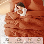 MUXHOMO 7 Pieces Full Comforter Set, Seersucker Bed in a Bag Full Size, All Season Luxury Bedding Set with Comforter, Flat Sheet, Fitted Sheet, Pillowcases & Shams, Burnt Orange