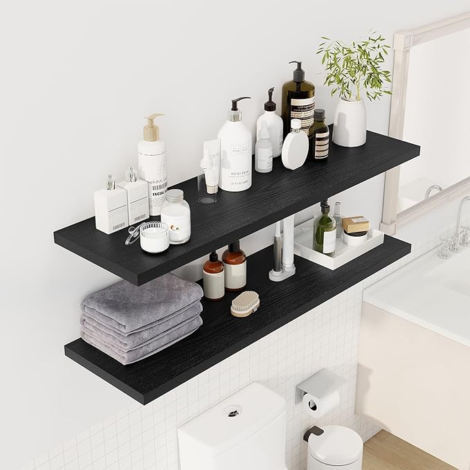 Dreamland 48" Floating Shelves for Wall, 12" Deep Slim Black Floating Shelves, Wall-Mounted Shelves for Bedroom, Living Room, Kitchen, Bathroom - Set of 2