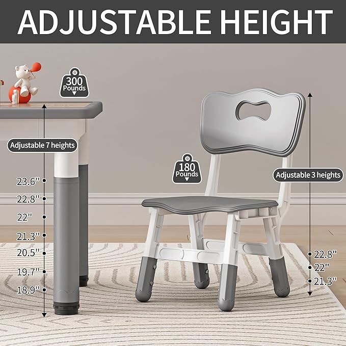 Kids Table and Chairs, Height Adjustable Childrens Table and Chair Set, Kids Tables for Age 2-8, Graffiti Desktop, Table for Kids with 2 Seats, Small Kids Table, Max 300lbs, Grey