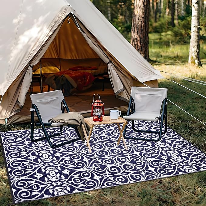 OLANLY Outdoor Rug Waterproof 8x10 ft Clearance, Reversible Outdoor Plastic Straw Rug with Floral Pattern, RV Mat for Patio, Camping, Balcony, Deck, Backyard, Navy & White