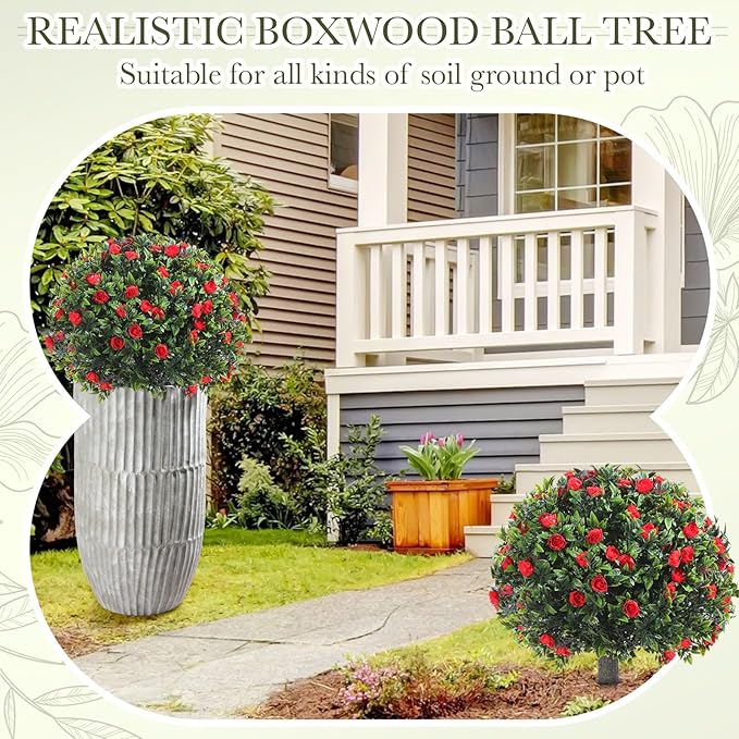 Yunlly Set of 2 Artificial Boxwood Topiary Ball Tree Fake Bushes Shrubs Outdoor Faux Plant with Ground Spike Flowers UV Resistance Greenery for Front Porch Garden Patio Indoor(Red,18x10inch)