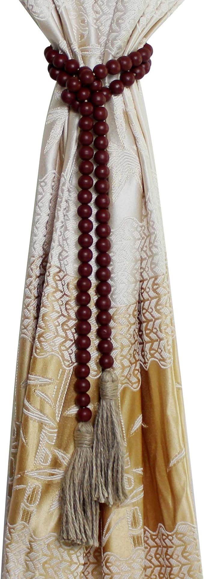 CVHOMEDECO. Wood Beads Garland with Tassels Farmhouse Rustic Wooden Prayer Bead String Wall Hanging Accent for Home Festival Decor. Burgundy