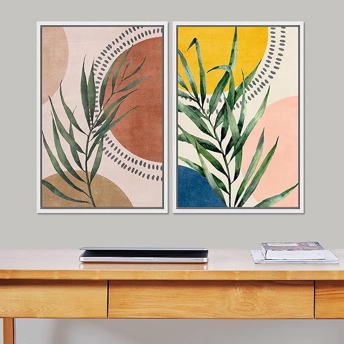 SIGNFORD Framed Canvas Print Wall Art Set Geometric Mid-Century Circle Plants Abstract Shapes Illustrations Modern Art Decorative Zen Bohemian for Living Room, Bedroom, Office - 16"x24"x2 White