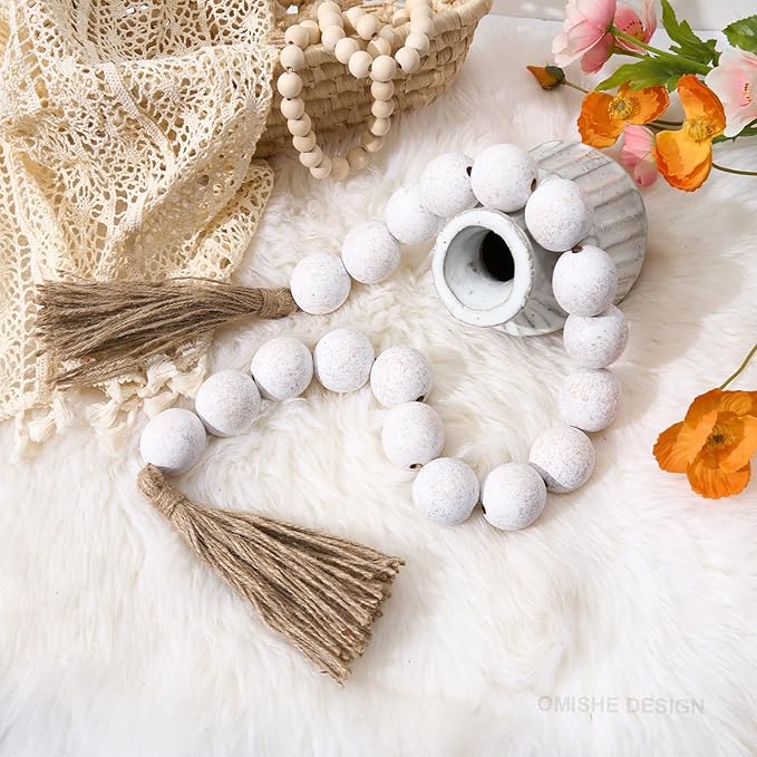 OMISHE Extra Large Wood Bead Garland Rustic White with 1.6" Diameter Wooden Beads and Tassels, 41" Long Rustic Farmhouse Country Decorative Beads for Home Tray Decor, Rustic White
