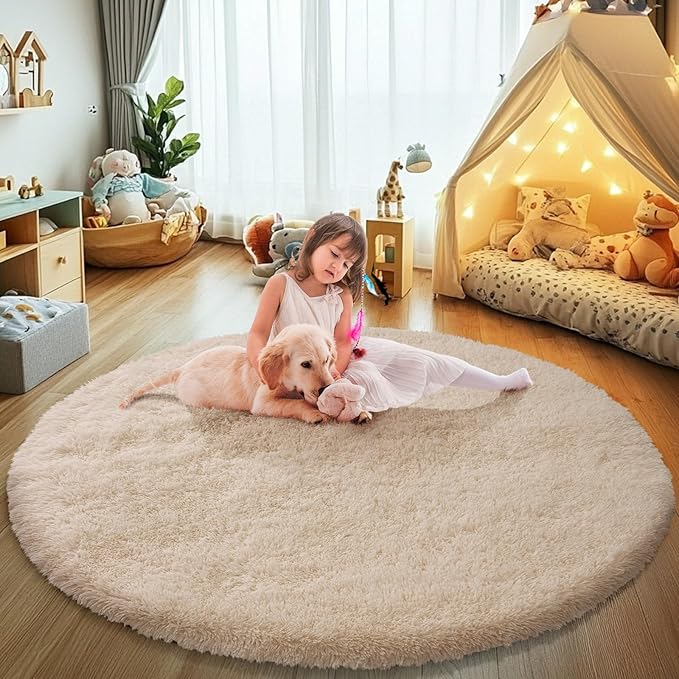 Fluffy Round Area Rugs for Bedroom,4'X4'Shag Circle Area Rugs for Girls Room,Non Slip Fuzzy Plush Rug for Kids Room Living Room and Dorm Home Decor Rug
