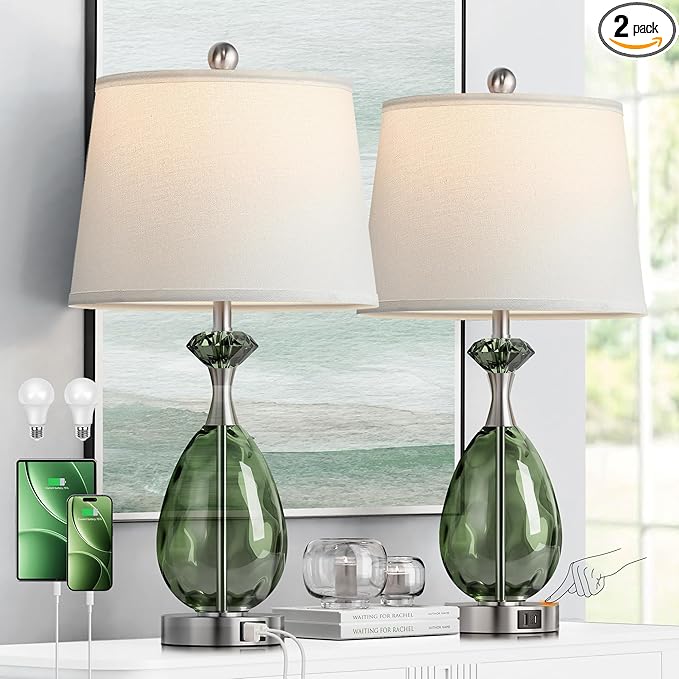 Coastal Glass Table Lamps Set of 2, 3-Way Dimmable Touch Control Nautical Lamp with USB A+C Ports,Bedside Lamp Beach Decor,Nightstand Lamp with White Shade for Living Room Bedroom(LED Bulbs Included)