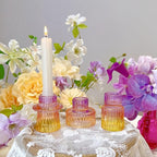 Double Sided Vintage Ribbed Taper Glass Candle Holders,Tea Candle Holder for Table Centerpieces, Wedding Decorations and Dinner Parties (Purple-Pink-Yellow, 3 PCS)