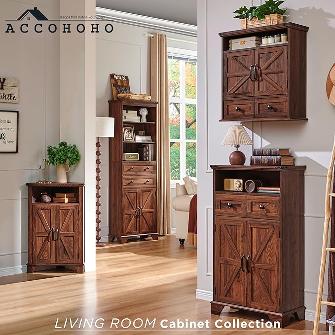 Corner Bathroom Cabinet, Farmhouse Small Cabinet with Barn Door & Adjustable Shelf, Storage Cabinets for Bathroom, Kitchen & Living Room, Brown