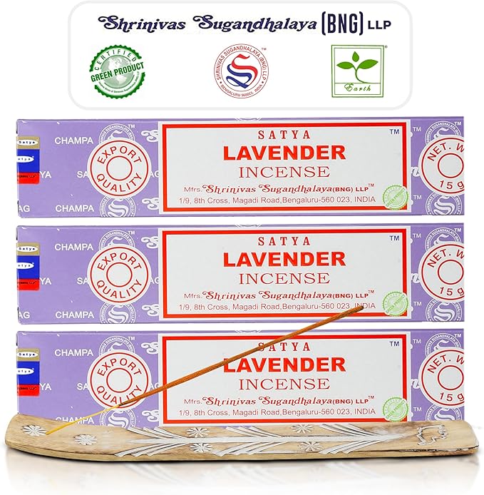 Satya Lavender Incense Sticks, Satya Bng (Bangalore) Insenses 15gmx3 Pack (45 GMS) with Raajsee Incense Holder Bundle, Satya Nagchampa Natural Incense