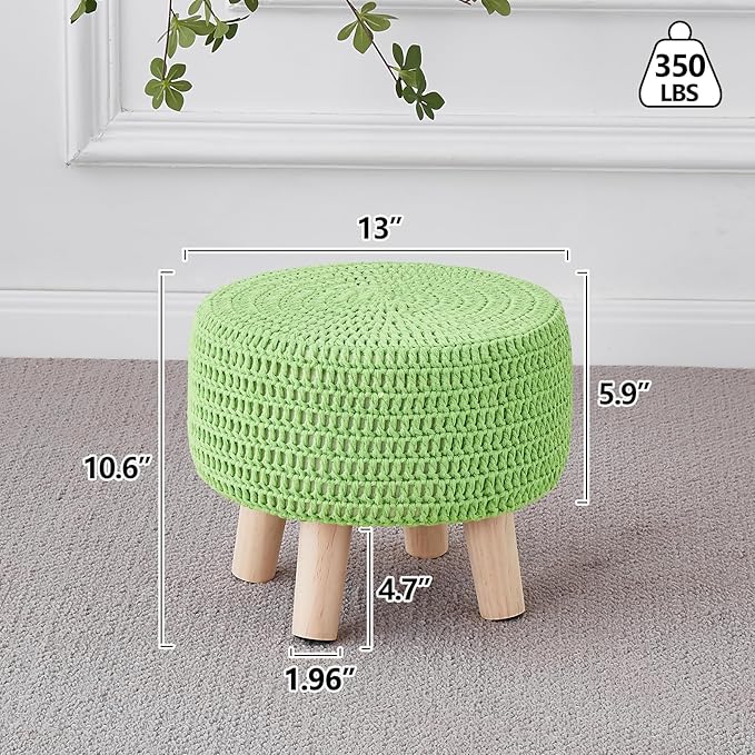 Wimarsbon Pouf Ottoman, 100% Cotton Knitted Boho Footstool, Round Footrest with Non-Skid Wood Legs, Home Décor Handmade Pouffe, Leisure Floor Step Stool for Living Room (Matcha)