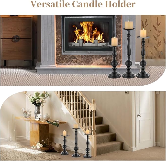 Sziqiqi Pillar Candle Holders Tall - Set of 3 Black Candle Stand for Pillars Large Metal Candleholder Sets Decorative for Christmas Halloween Living Room Easter Entryway