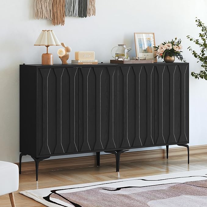 3More 2 Door Accent Cabinet Set of 2,Sideboard Buffet Storage Cabinet with Iron Legs and Adjustable Shelf,3D Lattice Design Suitable for Living Room, Entrance, Dining Room,Black