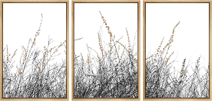 SIGNWIN 3 Piece Framed Canvas Wall Art Wild Grass Field Nature Wilderness Photography Abstract Contemporary Landscape Canvas Prints Home Artwork Decoration for Living Room,Bedroom - 16"x24"x3 Natural