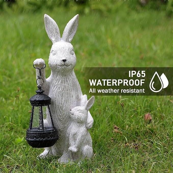 Solar Garden Statues Bunny Decor with LED Lights Home Decorations Outdoor Garden Rabbit Statue for Patio, Balcony, Yard, Lawn Ornament - Unique Housewarming Birthday Gifts for Women