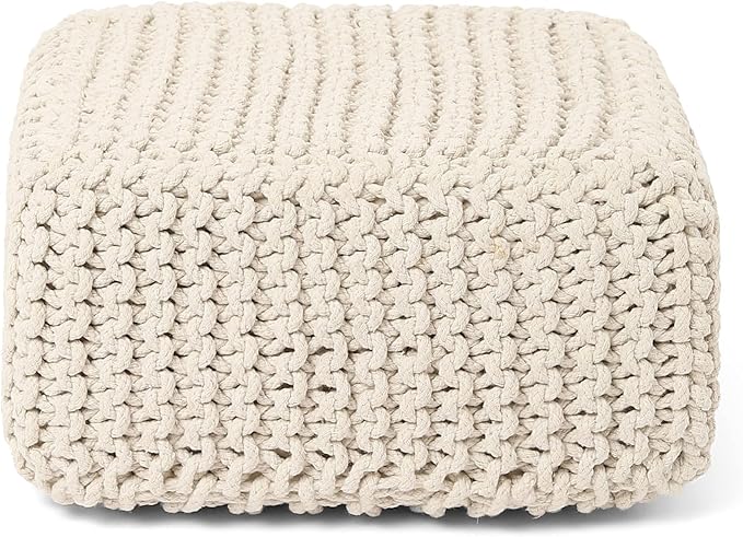 REDEARTH · Cube Low Pouf Foot Stool Ottoman - Hand Knitted Poof - Cord Boho Pouffe - Home Décor - Stuffed Footrest for Living Room - Nursery - Bedroom - Covered Patio - Room (16" x 16" x 8") - Ivory
