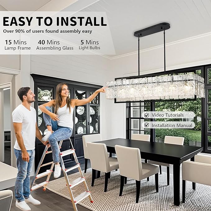 IKK Modern Rectangle Black Crystal Chandeliers for Dining Room, 42" Large Rectangular Water Ripple Glass Island Light Fixture, Linear Farmhouse Lighting for Kitchen Island, Living Room, L42xW11xH12