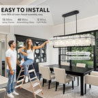 IKK Modern Rectangle Black Crystal Chandeliers for Dining Room, 42" Large Rectangular Water Ripple Glass Island Light Fixture, Linear Farmhouse Lighting for Kitchen Island, Living Room, L42xW11xH12