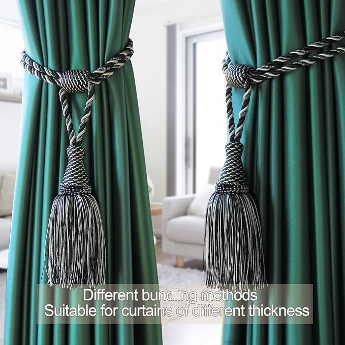 Fenghuangwu Curtain Tiebacks Handmade Elegant Curtain Tie Backs Holdbacks with Tassel for Home Office Decor 2 Pack - Black