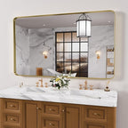 Gold Bathroom Mirror, 55x36 Inch Brushed Gold Metal Frame Mirror for Wall, Rounded Rectangle Bathroom Vanity Mirror, Tempered Glass, Anti-Rust, Horizontal/Vertical