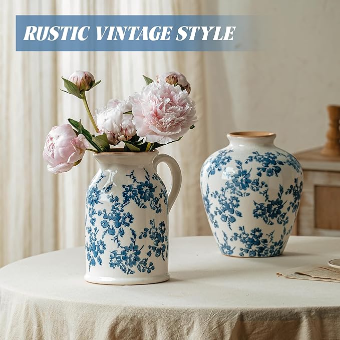 Blue and White Pitcher Vase, 8 Inch Vintage Chinoiserie Ceramic Flower Vase, Rustic Retro Ice Cracked Antique Porcelain Vases for Home Farmhouse Table Centerpieces Shelf Decor