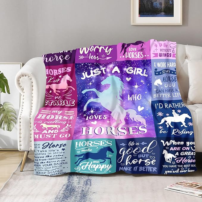 Horse Blanket Gift for Women Girls Kids Teens Horse Lover Gifts Just A Girl Who Loves Horses Themed Western Soft Cozy Bed Couch Plush Birthday Christmas Throw Blanket 50"x60"